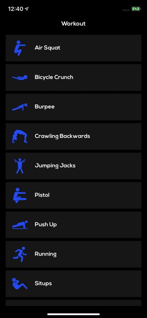 Workout list fitness app